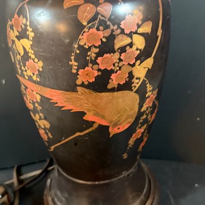 LOT 262: Vintage/Antique Asian Inspired Enamel Lamp and Nippon Porcelain Ginger Jar