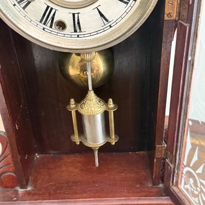 Lot 169: Antique Wooden Parlor Mantel Clock with Keys and Pendulum