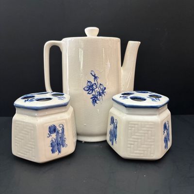 LOT 96: Blue & White Collection: Soup Tureen& Under Plate, Flower Frog, Electric Teapot, Home Accents Vase, Hexagonal Flower...