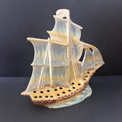 LOT 87: Vintage Czechoslovakian Ceramic Sailing Ship Flower Frog Vase