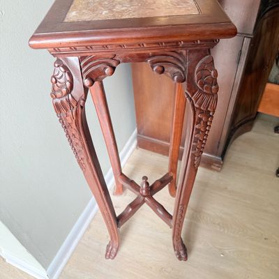 LOT 167: Set of 2 Marble Top Wood Plant Stands