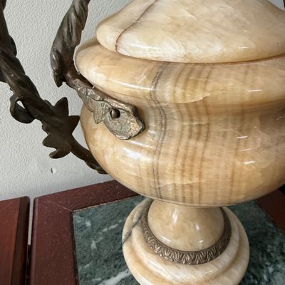LOT 168" Set of 2 Alabaster/Onyx Faux Urns with Metal Handles