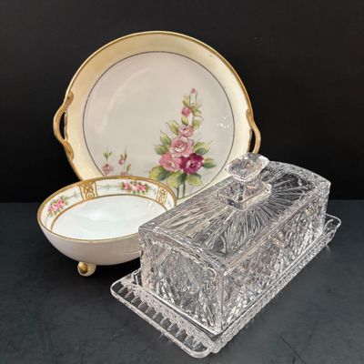 LOT 118: Large Collection of Salt Cellars, Nippon, Anchor Hocking Starlyte Cruet Set, Fifth Avenue Crystal Glass Covered Butter Dish w/...