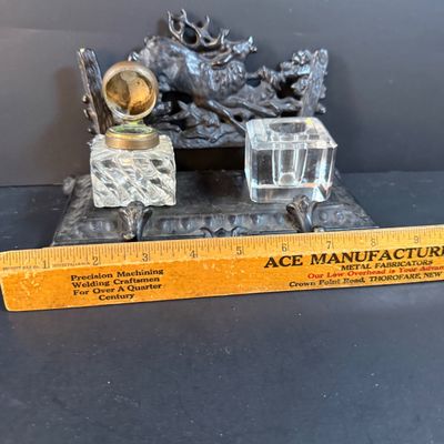 LOT 250: Antique Cast Iron Desk Stand with Hunting Scene and Glass Inkwells and Letter Openers