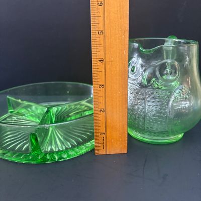 LOT 90: Vintage Green Depression Glass: "Wise Owl" Pitcher, Divided Relish Dish & Console Bowl, Iridescent Carnival Glass...
