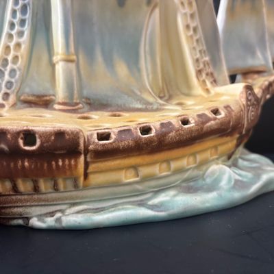 LOT 87: Vintage Czechoslovakian Ceramic Sailing Ship Flower Frog Vase