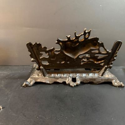 LOT 250: Antique Cast Iron Desk Stand with Hunting Scene and Glass Inkwells and Letter Openers