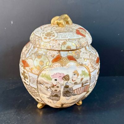 LOT 262: Vintage/Antique Asian Inspired Enamel Lamp and Nippon Porcelain Ginger Jar