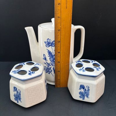 LOT 96: Blue & White Collection: Soup Tureen& Under Plate, Flower Frog, Electric Teapot, Home Accents Vase, Hexagonal Flower...