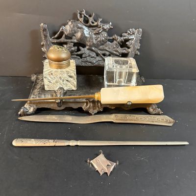 LOT 250: Antique Cast Iron Desk Stand with Hunting Scene and Glass Inkwells and Letter Openers