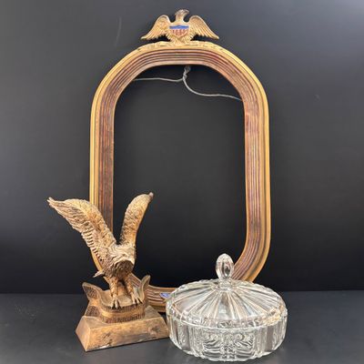 LOT 109: Vintage Federal Style Oval Picture Frame-NO Glass, Resin Brass-Tone Eagle Statue signed PDU & Anchor Hocking Candy Dish