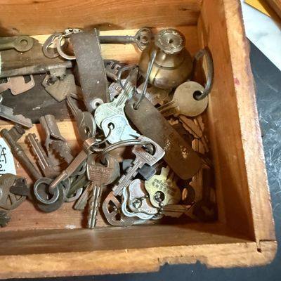 LOT 246: Large Collection of Keys on a Wooden Board and In a Wooden Box