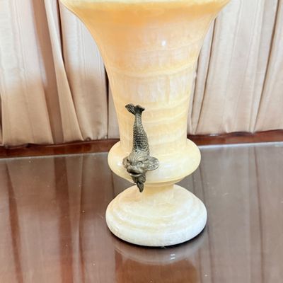 LOT 173: Vintage Carved Onyx Vase with Metal Koi Handles