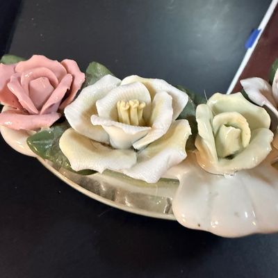 LOT 260: Set of 2 Capodimonte Porcelien Roses on a Mirrored Vanity Tray with Ceramic Roses