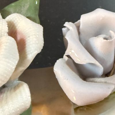 LOT 260: Set of 2 Capodimonte Porcelien Roses on a Mirrored Vanity Tray with Ceramic Roses