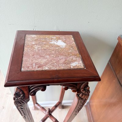 LOT 167: Set of 2 Marble Top Wood Plant Stands