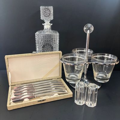 LOT 92: Vintage MCM Rotating Condiment Server, Gensico Knife Set, Crystal Hexagonal Salt/Pepper Shakers & a Pressed Glass Hobnail...