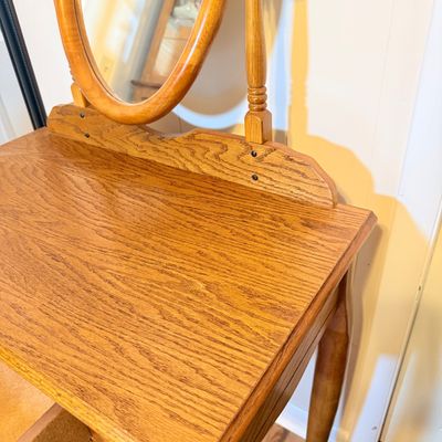 LOT 185: Wood Vanity Table and Mirror and Chair