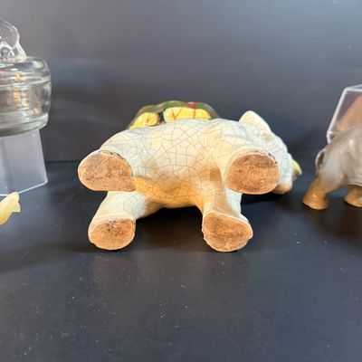 LOT 249: Elephant Collection Including a Planter, Figurines, Glass Trinket Box and a Giraffe Brass Bell