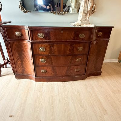 Lot 170: Vintage Mahogany Serpentine Sideboard with Glass Top