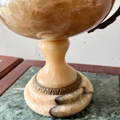 LOT 168" Set of 2 Alabaster/Onyx Faux Urns with Metal Handles