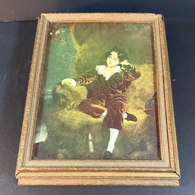 LOT 188: Bronze /Metal Statue of a Boy, Framed Victorian Boy Trinket Box and 2 Wall Sconces