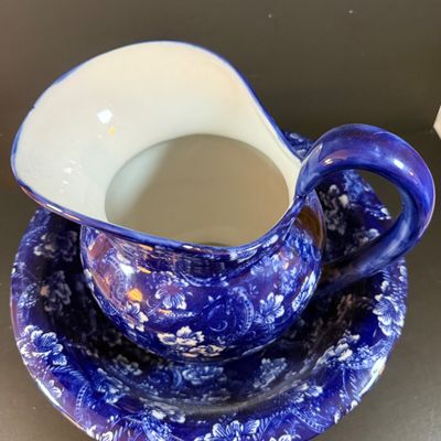 LOT 189: Blue Victoria Ware Ironstone Pitcher and Basin/Wash Bowl