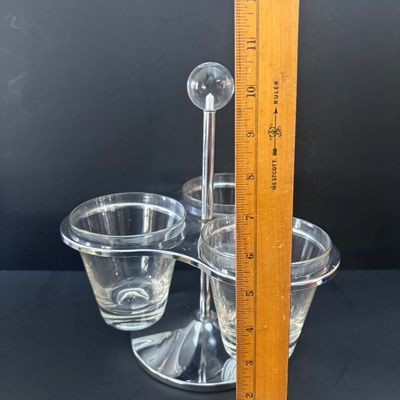 LOT 92: Vintage MCM Rotating Condiment Server, Gensico Knife Set, Crystal Hexagonal Salt/Pepper Shakers & a Pressed Glass Hobnail...