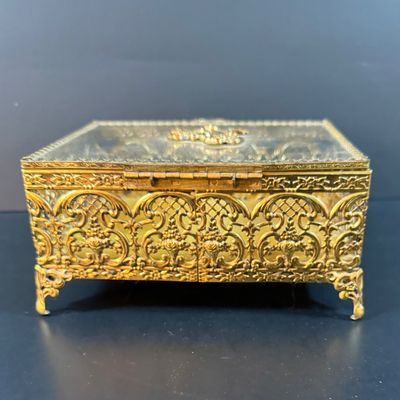 LOT 244: Hollywood Regency Style Filigree Vanity Mirror and Jewelry Box with Glass Lid and Acrylic Cubed Table Lamps