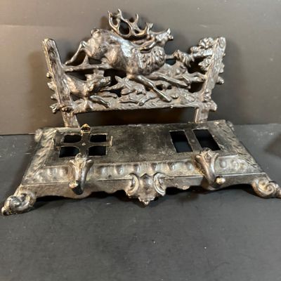 LOT 250: Antique Cast Iron Desk Stand with Hunting Scene and Glass Inkwells and Letter Openers