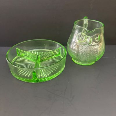 LOT 90: Vintage Green Depression Glass: "Wise Owl" Pitcher, Divided Relish Dish & Console Bowl, Iridescent Carnival Glass...