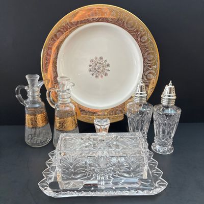 LOT 118: Large Collection of Salt Cellars, Nippon, Anchor Hocking Starlyte Cruet Set, Fifth Avenue Crystal Glass Covered Butter Dish w/...