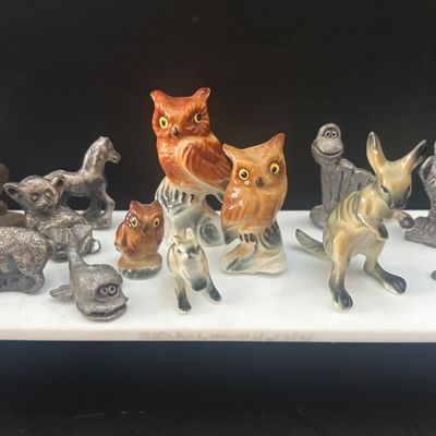 LOT 112: Collection of Miniature Tea Sets, Animals, Pewter Animals and a Vintage Moriage Satsuma=style Porcelain Horse & Carriage...