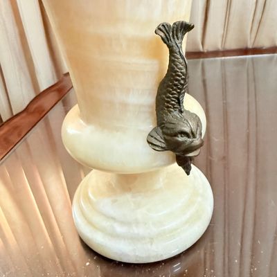 LOT 173: Vintage Carved Onyx Vase with Metal Koi Handles