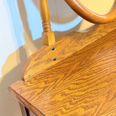 LOT 185: Wood Vanity Table and Mirror and Chair