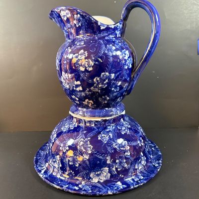 LOT 189: Blue Victoria Ware Ironstone Pitcher and Basin/Wash Bowl