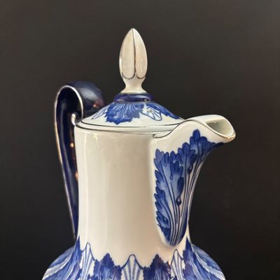 LOT 98: Vintage Bombay & Co. Cobalt Blue & White Footed Coffee Pot, "Grace" Mug, Porcelain Handle Serving Pieces &...