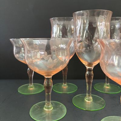 LOT 105: Vintage Pink "Watermelon" & Uranium Depression Stemware