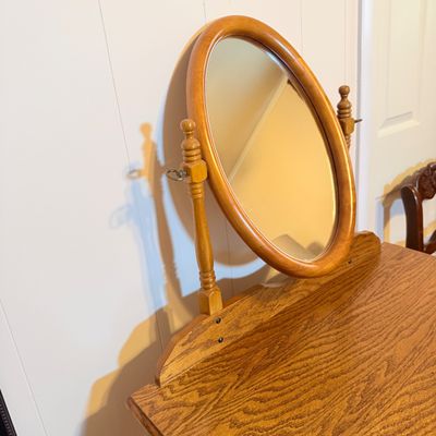 LOT 185: Wood Vanity Table and Mirror and Chair