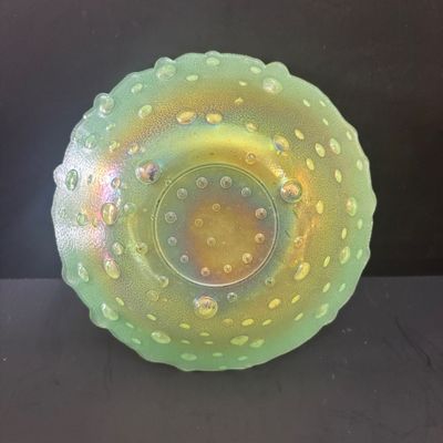 LOT 90: Vintage Green Depression Glass: "Wise Owl" Pitcher, Divided Relish Dish & Console Bowl, Iridescent Carnival Glass...
