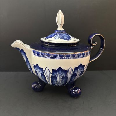 LOT 97: Bombay & Company Arabesque Cobalt Blue & White Teapot, Sugar Bowl, Creamer