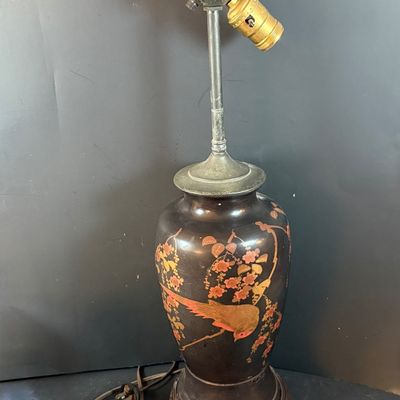 LOT 262: Vintage/Antique Asian Inspired Enamel Lamp and Nippon Porcelain Ginger Jar