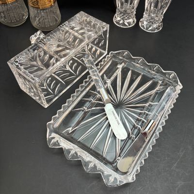 LOT 118: Large Collection of Salt Cellars, Nippon, Anchor Hocking Starlyte Cruet Set, Fifth Avenue Crystal Glass Covered Butter Dish w/...