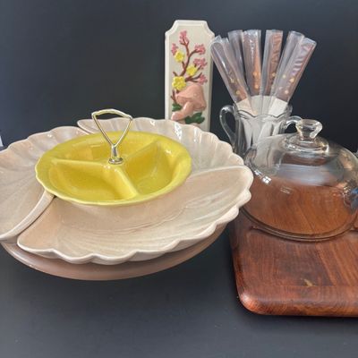 LOT 91: Vintage Lane & Co. Ceramic Lazy Susan, Super Chef Knife Set, MCM Teak Cheese Board