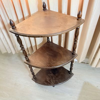 172: Vintage Wooden Corner Shelf, Bookcase, and Upholstered Footstool Set