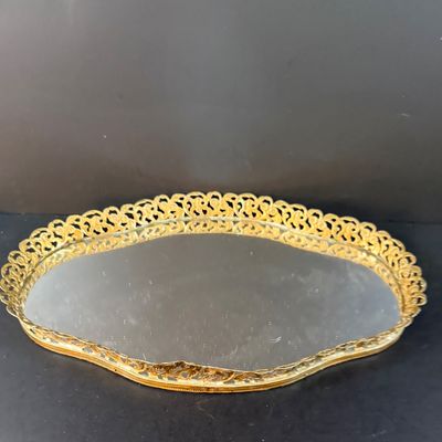 LOT 244: Hollywood Regency Style Filigree Vanity Mirror and Jewelry Box with Glass Lid and Acrylic Cubed Table Lamps