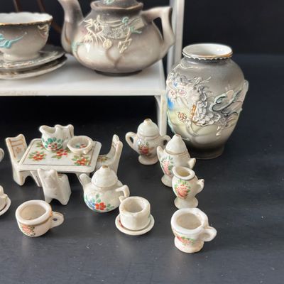 LOT 112: Collection of Miniature Tea Sets, Animals, Pewter Animals and a Vintage Moriage Satsuma=style Porcelain Horse & Carriage...