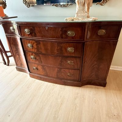Lot 170: Vintage Mahogany Serpentine Sideboard with Glass Top
