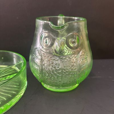LOT 90: Vintage Green Depression Glass: "Wise Owl" Pitcher, Divided Relish Dish & Console Bowl, Iridescent Carnival Glass...