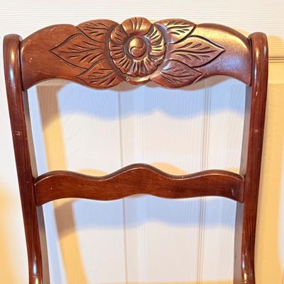 LOT 185: Wood Vanity Table and Mirror and Chair
